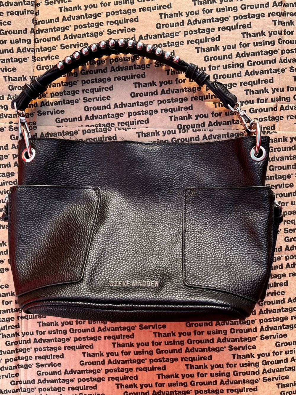 Steve Madden Black Pebbled Leather Shoulder Bag with Studded Handle